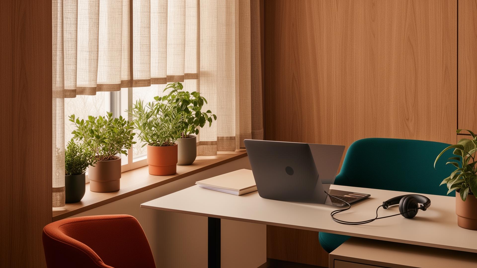 Escritório acolhedor com laptop, headset e plantas onde acontecem as demonstrações do CRMday