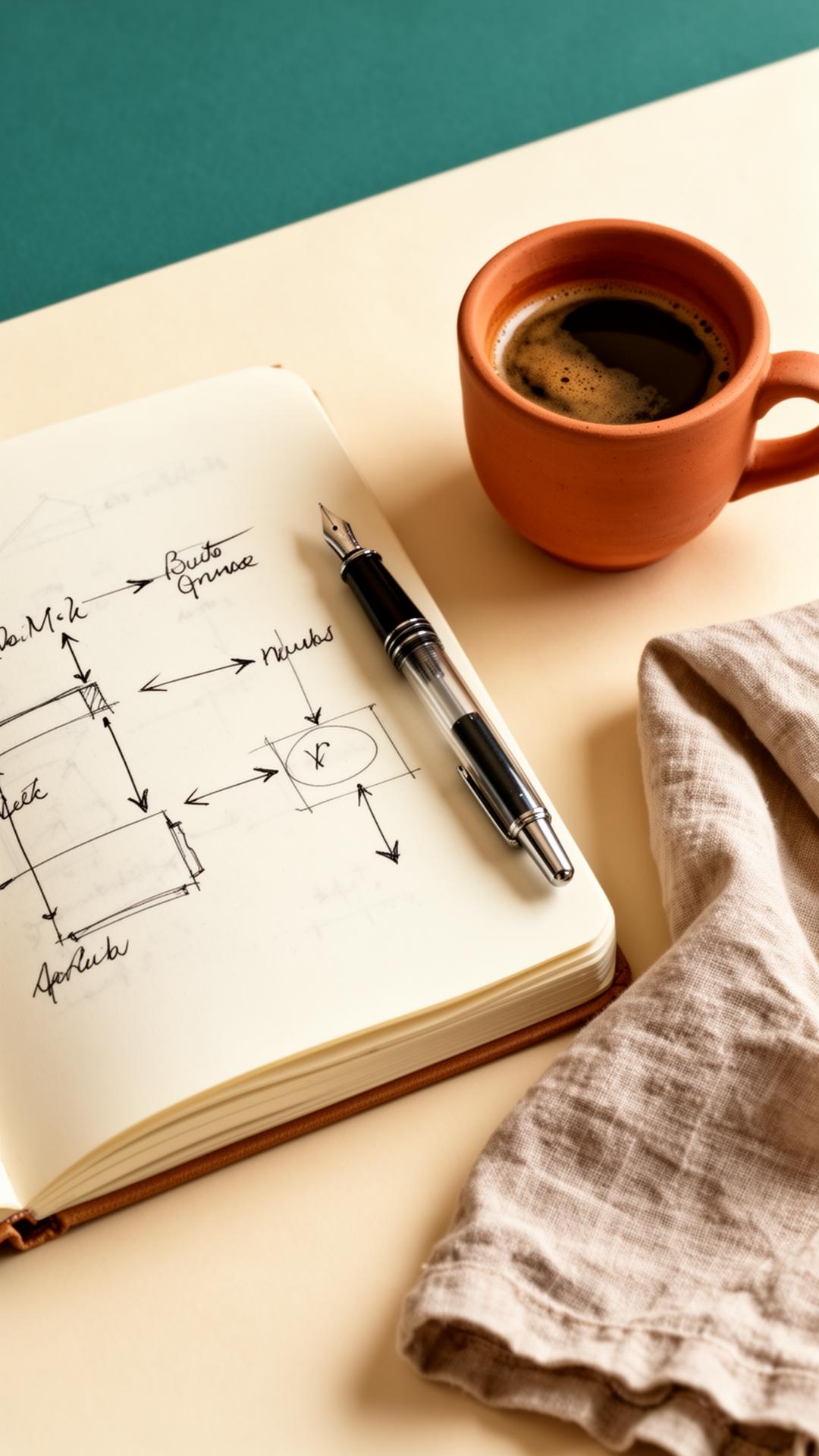 Caderno aberto com diagramas operacionais escritos à mão ao lado de uma caneca de café